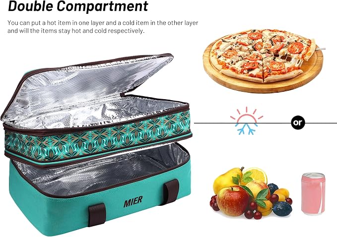 MIER Insulated Double Casserole Carrier Bag Thermal Lunch Tote for Lasagna Lugger, Potluck Parties, Picnic, Beach, Fits 9 x 13 Inches Baking Dish, Casserole Dish, Expandable by Mid Zipper, Teal