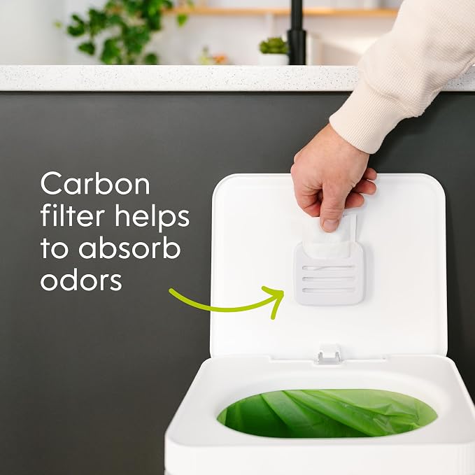 Compost Genie Kitchen Compost Bin, White Stainless-Steel Large, 3.6 Gallon, Indoor Odorless Composting, Hands-Free, Washable Parts, Includes 8 Tear-Off Compostable Bags and 4 Carbon Filters