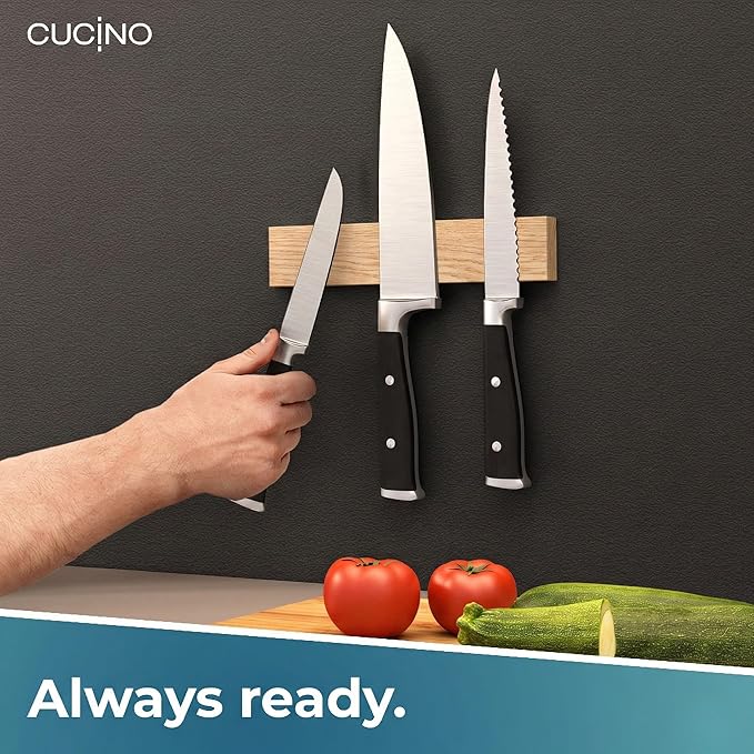 CUCINO Magnetic Knife Holder for wall, 10" no drilling required, includes self-adhesive tape, extra strong for holding knives – Awarded magnet strip – Oak