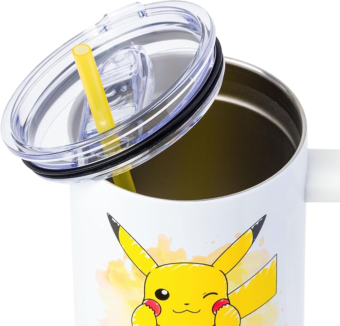 Silver Buffalo Pokémon Featuring Pikachu Double Walled Stainless Steel Tumbler with Handle, Fits in Standard Cup Holder, 40 Ounces