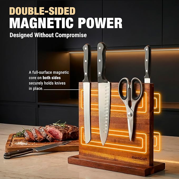 Magnetic Knife Block Acacia Wood, 12 x 10 Inch Double Sided Magnetic Knife Holder with Strong Enhanced Magnets, Wooden Knife Organizer Stand for Kitchen Countertop, Without Knives