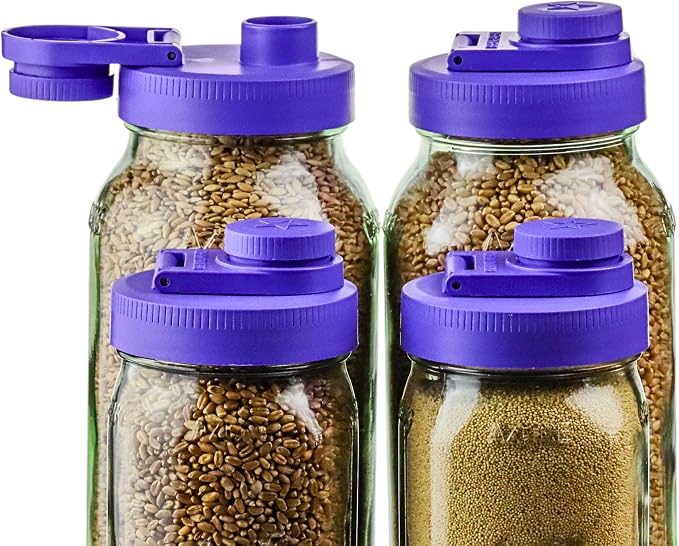 Brewing America Glass Mason Jar Pitcher with Lid - Mason Jars, 1 Quart (32 oz) with Violet Purple Wide Mouth Pour Lid, for Smoothie, Boba Cup, Sun Tea, Cold Coffee Glass Tumbler, 2-Pack