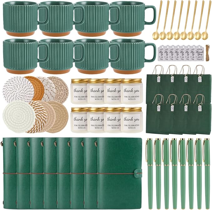 Baby Shower Prizes for Game Winners Baby Shower Games Prizes Ceramic Mugs with Metal Spoons Woven Coasters Notebooks Scented Candles Gift Bags Wedding Bridal Shower Favors for Guests (8, Green)