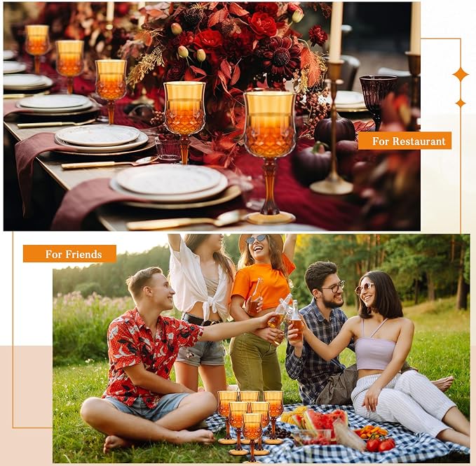 Pinkunn 6 Pcs 7 oz Plastic Vintage Wine Glasses Reusable Colored Goblets Patterned Drinking Water Glasses Cup Dishwasher Safe for Mother's Day Wedding Reception Party Supplies (Amber)