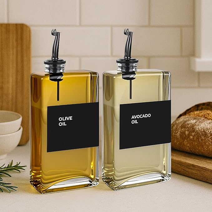 Spaceneat Olive Oil Dispenser Bottle - Includes 44 Kitchen Essential Labels - Cooking Oil Bottles for Kitchen, Coffee Syrup Dispenser - Pourer Spout with 11.8 fl oz Glass Container Cruet - 2pcs, Black