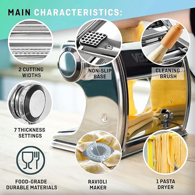 Manual Pasta Maker with Dryer - Multi-Pasta Stainless Steel Italian Flat Dough Machine with Adjustable Setting, Sharp Cutter, and Hand Crank - Fresh Homemade Noodles, Spaghetti, Lasagne | By VeoHome…