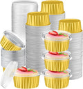 Gejoy 400 Pcs Aluminum Foil Baking Cups with Lids 5 oz Disposable Ramekins Mini Cake Pans Creme Brulee Cupcake Liners Muffin Tins Flan Mold Dessert Container for Wedding(Gold Color,Elegant)