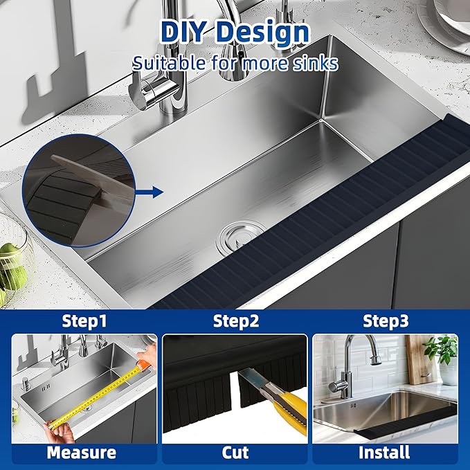 Silicone Sink Splash Guard & Edge Protector, 30 Inch Extra Long Kitchen Sink Splash Guard with Suction Cups, 5° Tilt Water Drip Back Design, DIY Cuttable Fits Any Size Single or Double Sink - Black