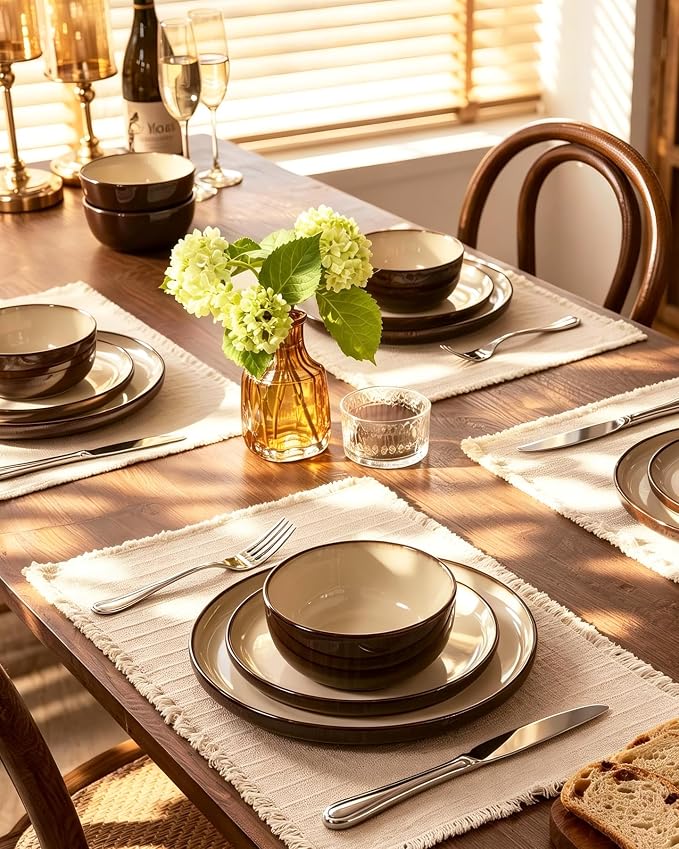 Famiware Milkyway Stoneware Dinnerware Set, 18-Piece, Double Reactive Glaze, Plates and Bowls, Service for 6, Microwave and Dishwasher Safe, Scratch-Resistant, Light khaki & Cocoa