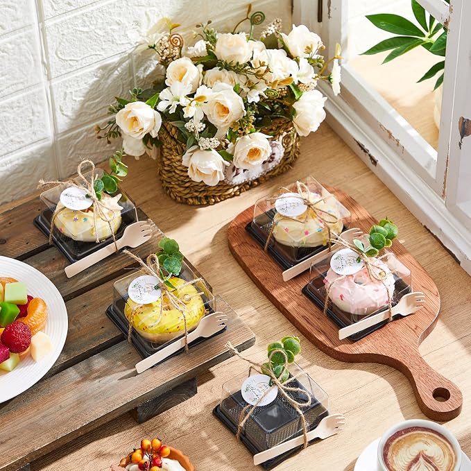 Honeydak Clear Cake Containers Mooncake Boxes with Lids, Wedding Dessert Cupcake Box with Forks, Thank You Tags Eucalyptus Leaves, Mini Cake Packaging for Wedding Favors Birthday Party(Black,50 Sets)