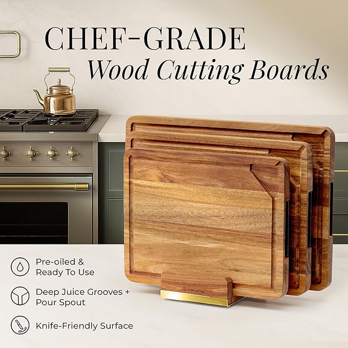 Acacia Wood Cutting Board Set with Holder – 4 Piece Wooden Cutting Board Set with Stand – Reversible Charcuterie Tray with Juice Grooves and Gold Handles – Stylish Kitchen Gift