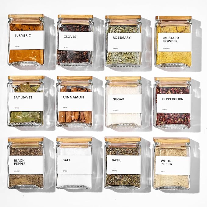 Glass Spice Jars with Bamboo Lid, 4oz Square Spice Containers for Pantry Organization, Seasoning Bottles with Labels, Spoons, Funnel for Salt Sugar