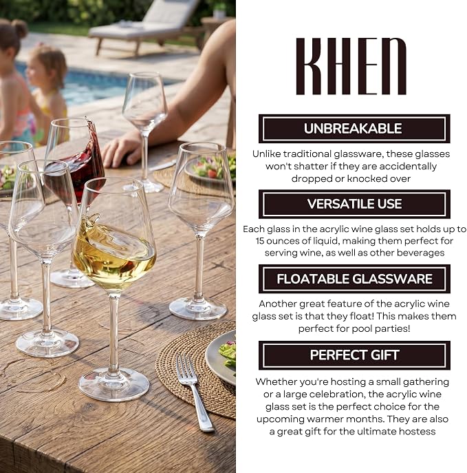Unbreakable European Style Plastic Crystal, Stemmed Wine Glasses | Set of 8 | Acrylic Tritan Drinkware, Unbreakable Clear Color Shatterproof BPA-free, Reusable, Floating Pool & Indoor & Outdoor, 18oz