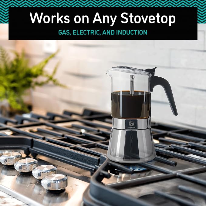 Coffee Gator 4 Cup Moka Pot, 6.7oz Stovetop Espresso Maker for Italian Coffee, Transparent Glass & Stainless Steel Design, Silver, 200ml