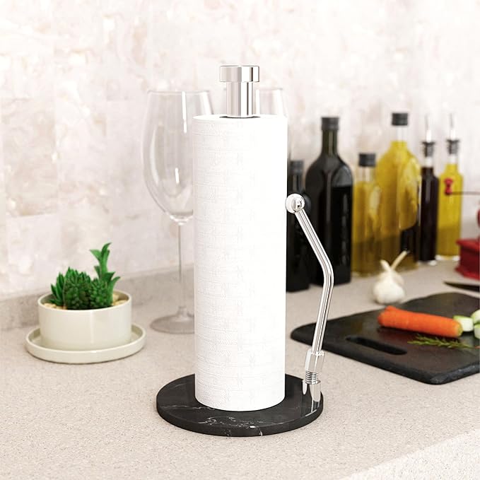 Paper Towel Holder with Marble Base – Weighted Countertop Stand, One-Hand Tear, Stainless Steel Rod, Natural Stone Base, Available in Gray & White Marble