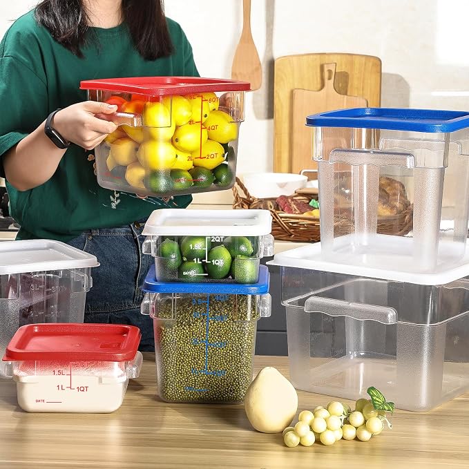 Maxcheck 4 Pcs 4qt Food Storage Container with Lids Bulk Clear Plastic Commercial Food Storage Bins with Scale Handle Space Saving Restaurant Tubs for Kitchen Prep Proof Dough(Red)