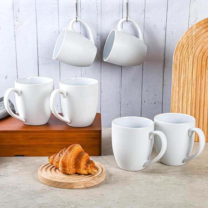 BYCNZB 16oz Coffee Mugs Set of 6, Large Ceramic Modern Coffee Mugs With Handle For Tea,Latte,Cappuccino,Cocoa. Dishwasher.Microwave Safe (Matte White)
