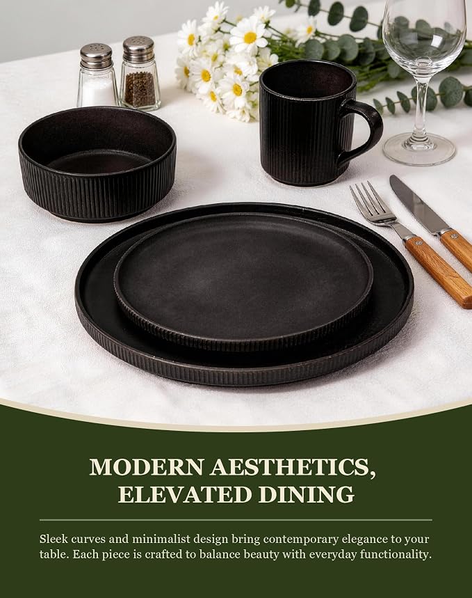 OTAGO 24-Piece Dinnerware Set for 6 with Mugs, Ribbed Stoneware Plates and Bowls Sets, Unique Handcrafted Reactive Glaze, Chip and Scratch Resistant Dish Set, Microwave & Dishwasher Safe, Black