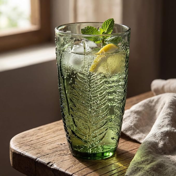 Green Drinking Glasses Set of 8, 16 oz Vintage Hand-Pressed Glass Cups, Fern Textured Highball Tumblers, Antique Style Boho Glassware for Water, Juice, Cocktails & Mocktails, Housewarming Gift Set