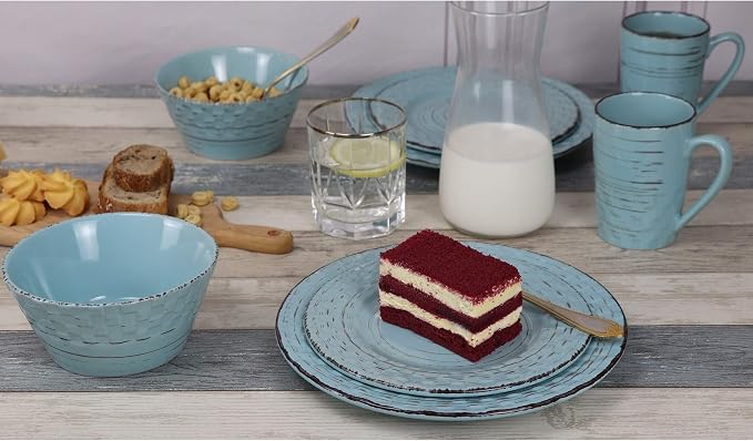 Lorren Home Trends 16 Piece Distressed Weave Dinnerware Set-Blue