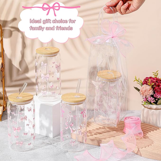 Mumufy 8 Sets Coquette Bow Glass Cups with Clear Gift Bag 16 oz Reusable Pink Iced Coffee Mugs Aesthetic Cute Tumbler with Lids and Straws, Gifts for Girls Women Bridesmaid