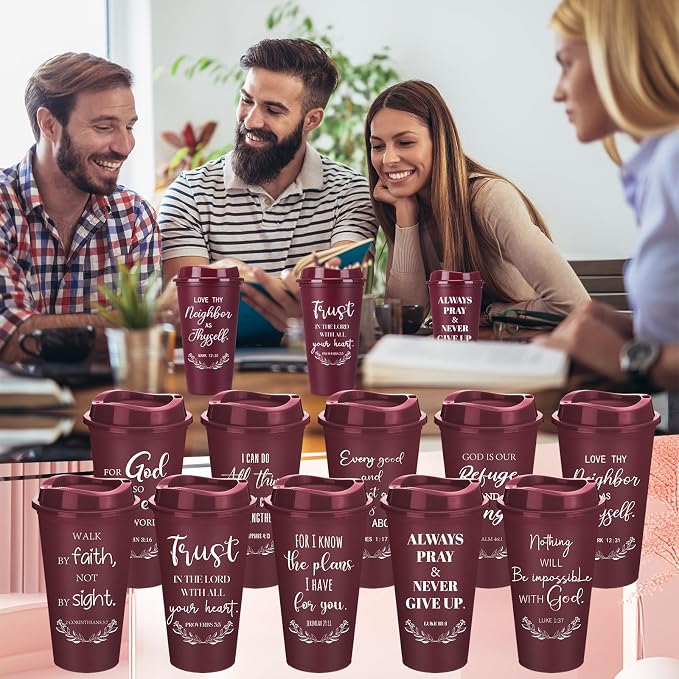 Skylety 20 Pack Bulk Christian Gifts for Men Women 16oz Reusable Bible Verse Tumbler Plastic Coffee Cup with Lid Inspirational Religious Church Gift for Teacher Graduation Party Favor (Burgundy)