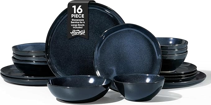 Herogo 16pcs Stoneware Dinnerware Sets for 4, Irregular Handmade Dinner Plates and Bowls, Kitchen Dining Dish Dishware Set, Microwave & Dishwasher Safe,Starry Blue