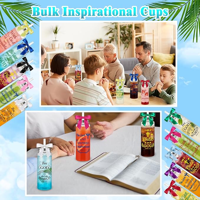 50 Pack Christian Gifts for Women Bulk, 17oz Bible Verse Plastic Cups with Lids, Straws and Satin Bows, Religious Inspirational Tumblers for Mom/Teacher, Church Baptism VBS Party Favors