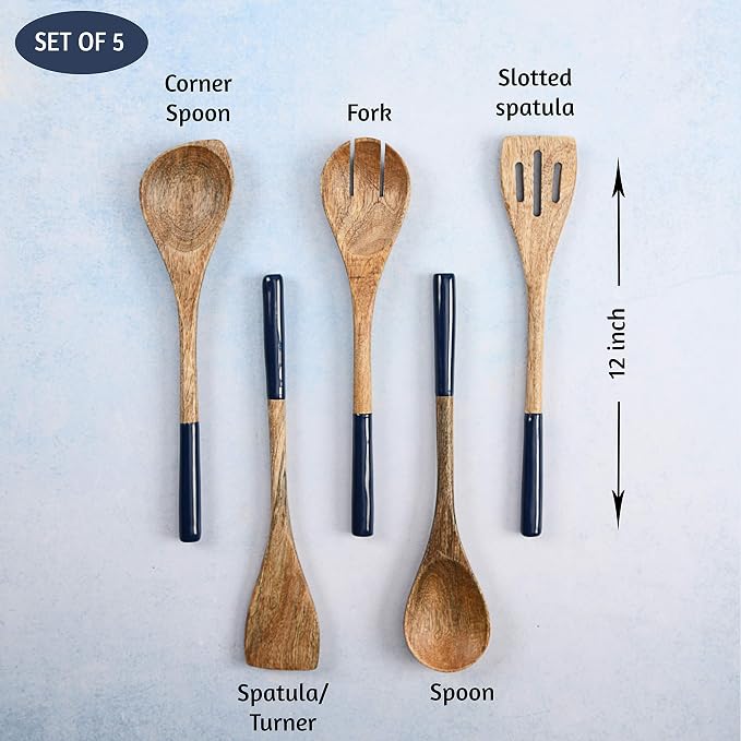 Folkulture Pot Holders for Kitchen | Pack of 2 (8x8) Ribbed Soft Silicone Hot Pads for Kitchen | Oven Pot Holders Set |Wooden Spoons for Cooking | 12" Premium Acacia Wooden Utensil Set of 5