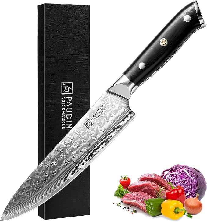 PAUDIN Chef Knife 8 Inch, 67-Layer Japanese VG10 Steel Core Damascus Kitchen Knife, Razor Sharp Japanese Chef Knife with Ergonomic G10 Handle for Home, Restaurant