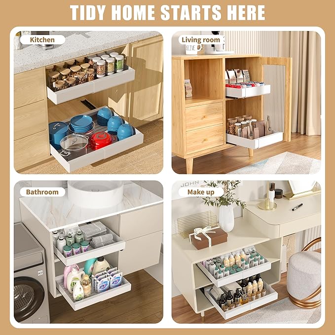 Pull Out Cabinet Organizer, Width Expandable (11.7"-19.7") Heavy Duty Slide Out Drawers Fixed with Adhesive Nano Film for Pots, Roll Out Shelf Storage For Kitchen,Pantry,Garage,Bathroom Storage