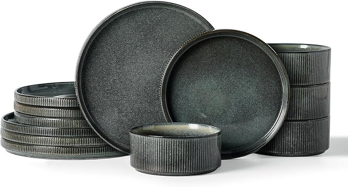 Famiware Star 12-Piece Stoneware Dinnerware Sets for 4, Reactive Glaze Plates and Bowls, Modern Rustic Dishes for Everyday & Formal Use, Chip/Scratch Resistant, Microwave/Dishwasher Safe, Deep Forest