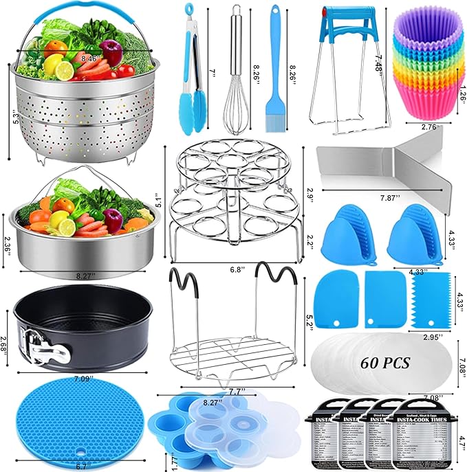 Instant Pot 6 qt/8 Qt Pressure Cooker Accessory Set - 2 Steamer Baskets, Springform Pan, Egg Bites Mold, Steamer Rack Trivet, Parchment Paper