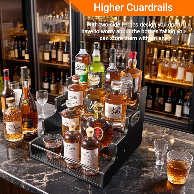 YQBRAO 4-Tier Liquor Bottle Display Shelf, Coffee Syrup Rack Organizer, Water Bottle Organizer, Mini Bar Cabinet, Rustic Bar Shelves for Liquor Whiskey, Spirits（Black）