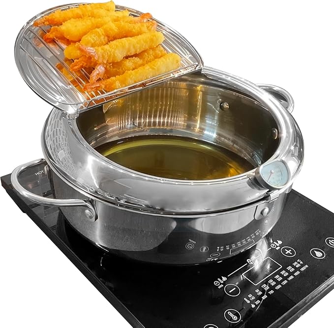 Saltlas Deep Fryer Pot (°F), 11"/4.4Qt (4.2 L) Extra Large Tempura Frying Pot with Lid, 304 Stainless Steel Fry Pot with Fahrenheit Thermometer and Oil Drip Drain Rack
