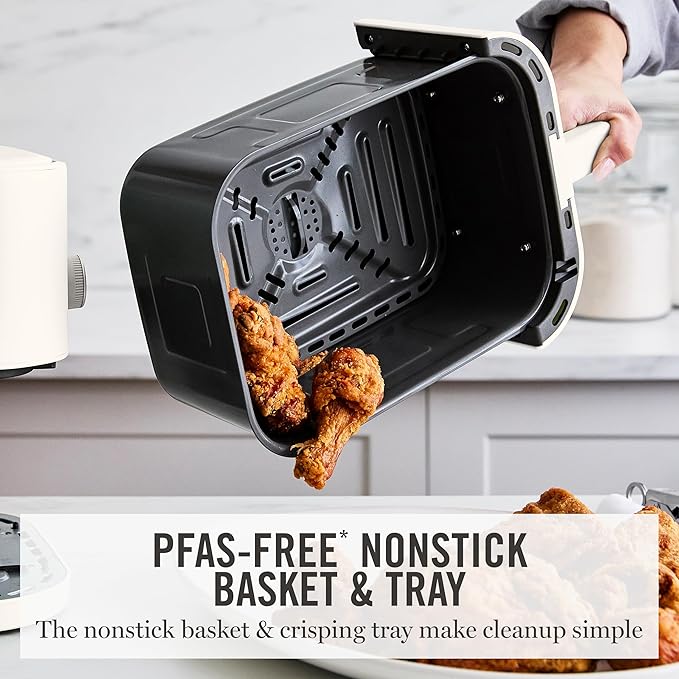 Martha Stewart 6QT Air Fryer, 6-in-1, Bake, Broil, Roast, Air Fry, Dehydrate, Reheat, Ceramic Non-Stick Basket, Crispy Results Fast, 400°F Max Temp, Shake Reminder, Auto Shut-Off, Linen Cream