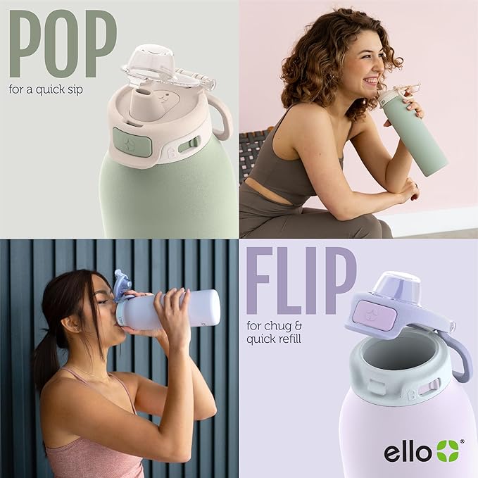 Ello Pop & Fill 22oz Stainless Steel Water Bottle with QuickFill Technology, Double Walled and Vacuum Insulated Metal, Leak Proof Locking Lid, Straw and Chug, Reusable, BPA Free, Blossom Bliss