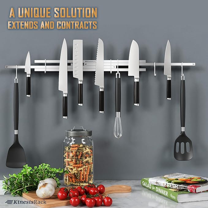 Magnetic Knife Holder for Wall 16 inch Extends up to 30 inches 4 Strip Neodymium Magnetic Rack with 10 Hooks for Kitchen Utensils Organize. No Drill. Tools Holder