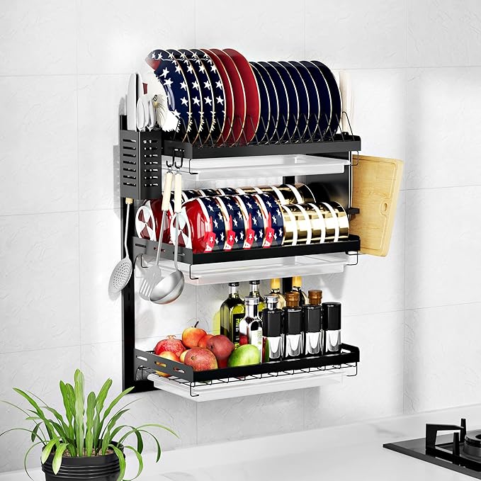3 Tier Large Wall Mounted Dish Drainer, Stainless Steel Dish Rack, Dish Drying Rack for Kitchen with Utensil Organizer (Black)