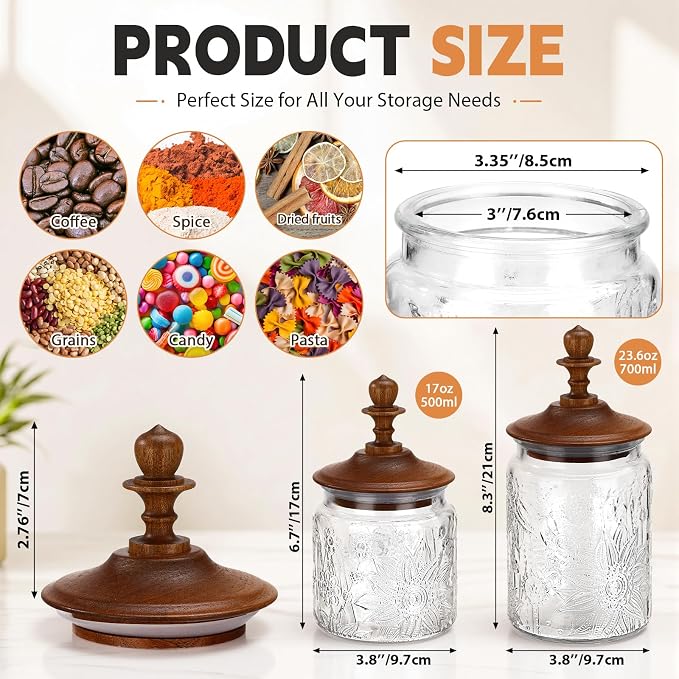 Suclain 6 Pack 24 Oz Vintage Glass Jars with Wooden Crown Lids, Decorative Jars with Graden Pattern, Airtight Glass Food Storage Containers for Tea Coffee Spice Pantry Organization