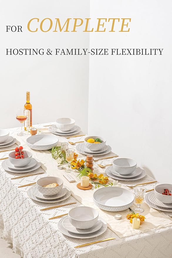 FOBENTA 32-Piece Luxury Dinnerware Set,Complete Plates and Bowls Set for 8,Upscale Ceramic Dish Set for Hosting, Holidays & Family Gatherings–Microwave & Dishwasher Safe