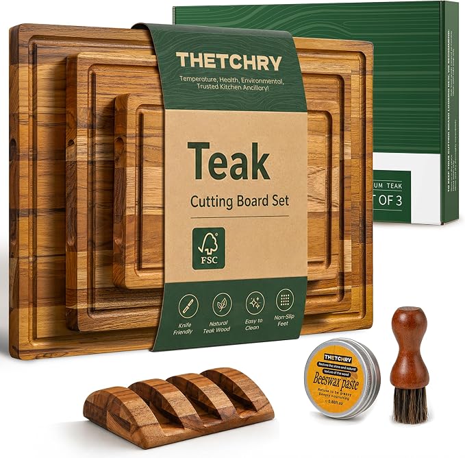 THETCHRY Teak Wood Cutting Board Set of 3 Wooden Cutting Boards for Kitchen | Premium Teak Wood • FSC Certified • Deep Juice Groove • Built-In Handles • Non-Slip Feet • 3 Practical Sizes • Gift-Ready Box