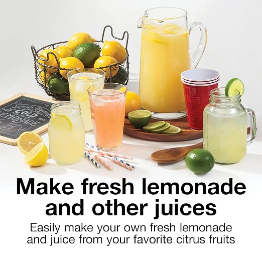 Proctor Silex Alex's Lemonade Stand 34 oz. Electric Citrus Juicer | Pressure Activated | 2 Reamers For Big and Small Fruit | Pulp Control | For Orange, Lemon, Grapefruit Juice | Yellow
