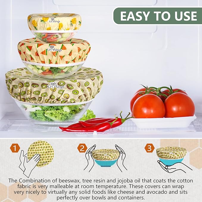 Beeswax Bowl Covers Set of 5 (XS–XL) – Reusable Elastic Food Covers for Bowls – Organic Cotton with Beeswax, Washable & Plastic-Free | Li’l Things- Fruity Fruit