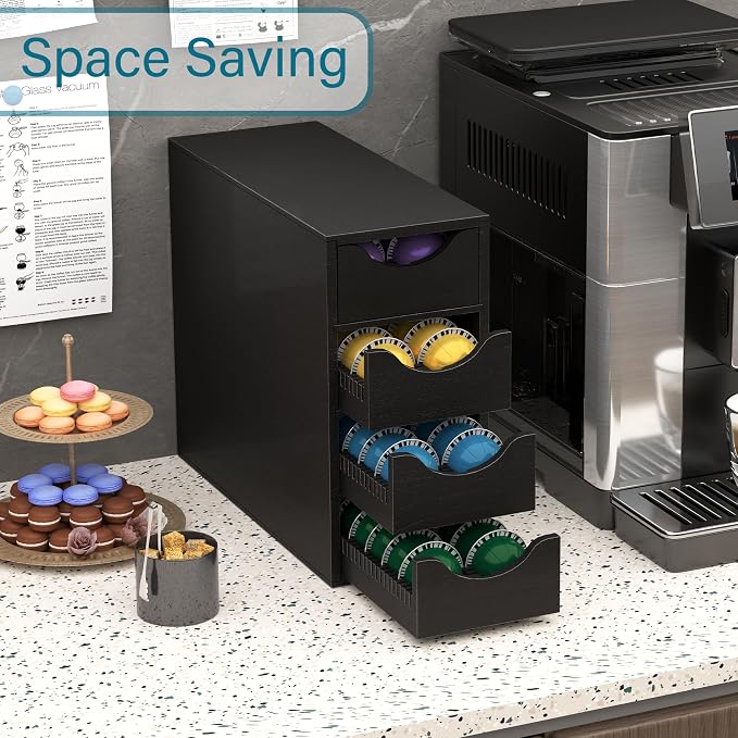 Suli Coffee Pod Holder, Coffee Capsule Storage Organizer, Save Space Coffee Pod Organizer for Countertop, Extra Large Storage Rack with Drawer, 4 Tier,104 Pods,Wood,Black