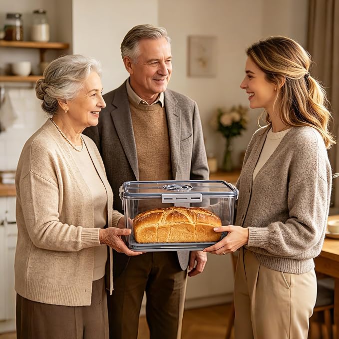 Honbuty Bread Box Bread Boxes for Kitchen Counter Airtight,Time Recording Bread Storage Container with Lid, Bread Keeper for Homemade Bread, Toast, Bagel, Donut and Cookies, Grey,Gifts for Mom Dad