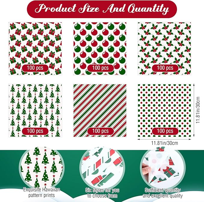 Reallnaive 600 Pcs Christmas Gift Wax Paper Sheets 12 x 12 Inch Parchment Deli Tissue Paper Sandwich Wrapping Sheets Food Basket Liners for Kitchen Restaurant Baking Supplies, 6 Styles