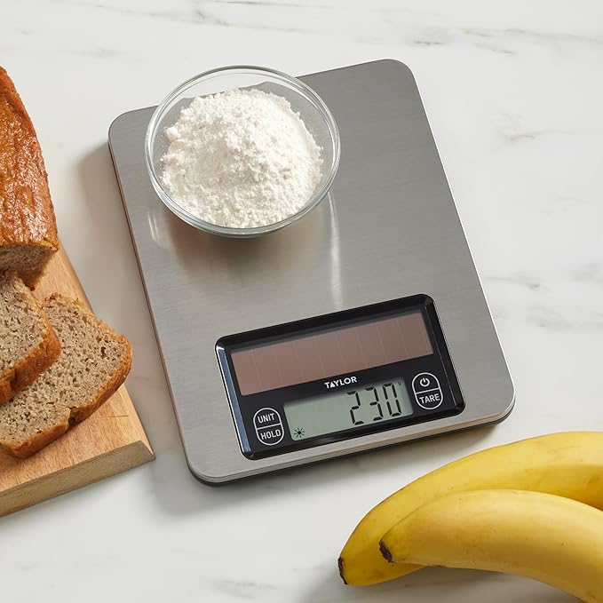 Taylor Light Powered Digital Kitchen Scale, Light Energy Scale with Stainless Steel Platform, Light Powered Panel with Endless Power, No Batteries Needed, Energy-Saving, High 11lb Capacity, Silver