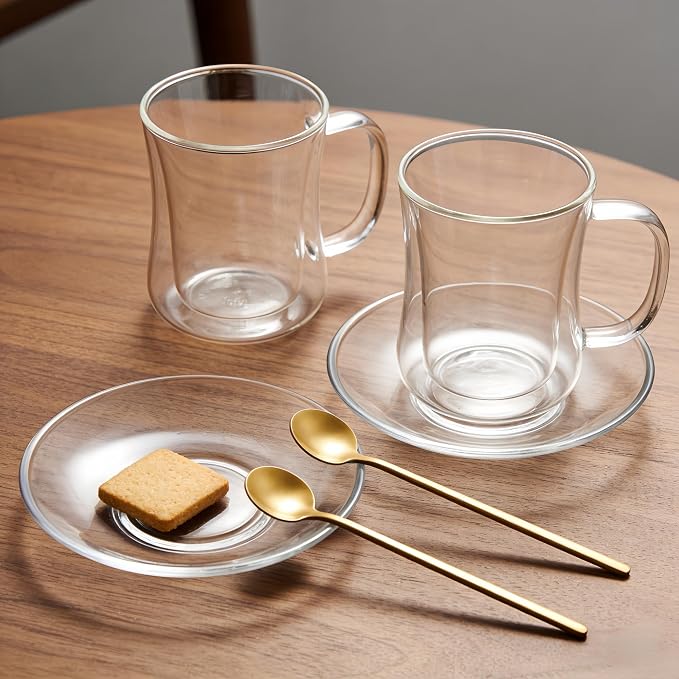 Double Wall Glass Teacups and Coffee Mugs Set, Clear, 8.5oz, 2 Pack | Waisted Style Tumblers With Saucer and Spoon, For Cappuccino, Latte, Hot and Cold Drinks