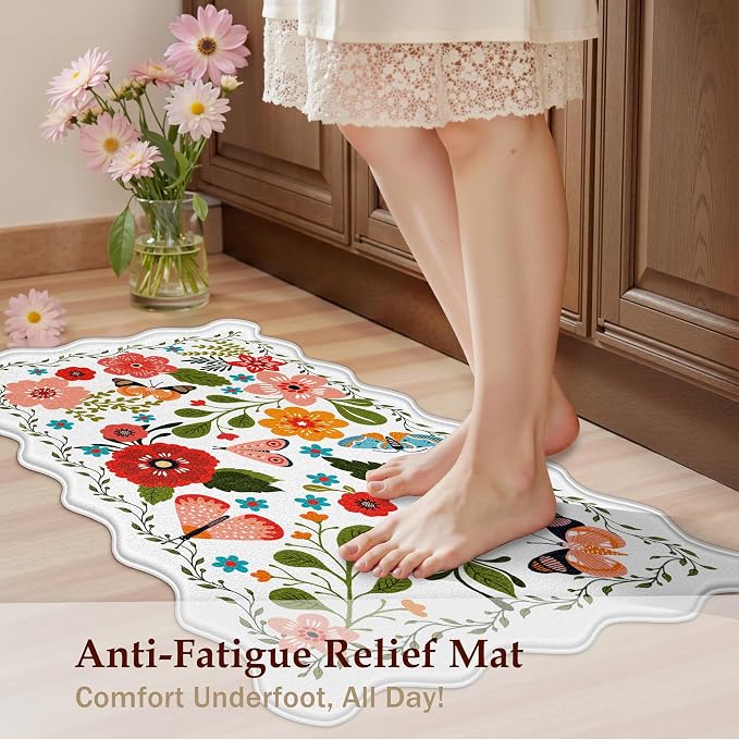 Arenarug Scalloped Kitchen Mats for Floor 2PC Cushioned Anti Fatigue Kitchen Mats Rugs Waterproof Non Slip Farmhouse Boho Floral Comfort Foam Standing Mat for Sink Laundry, White